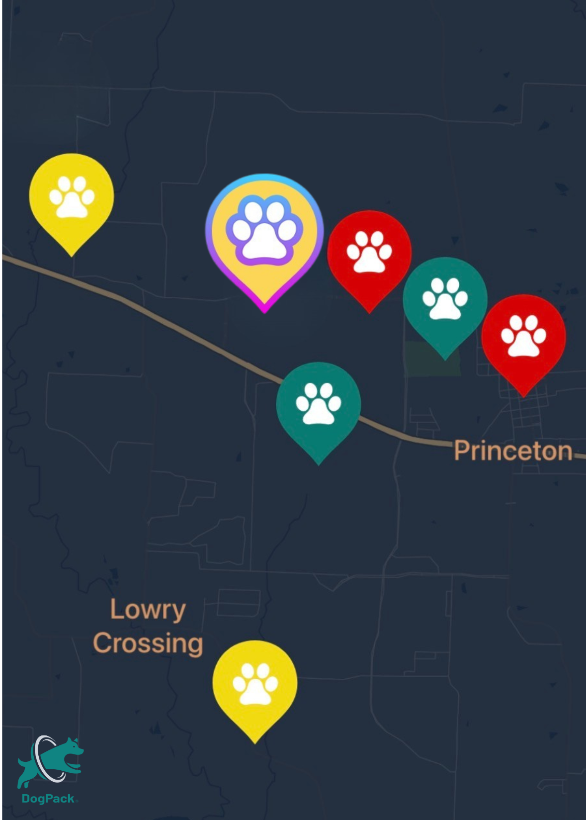 DogPack map showing high-visibility verified business pin
